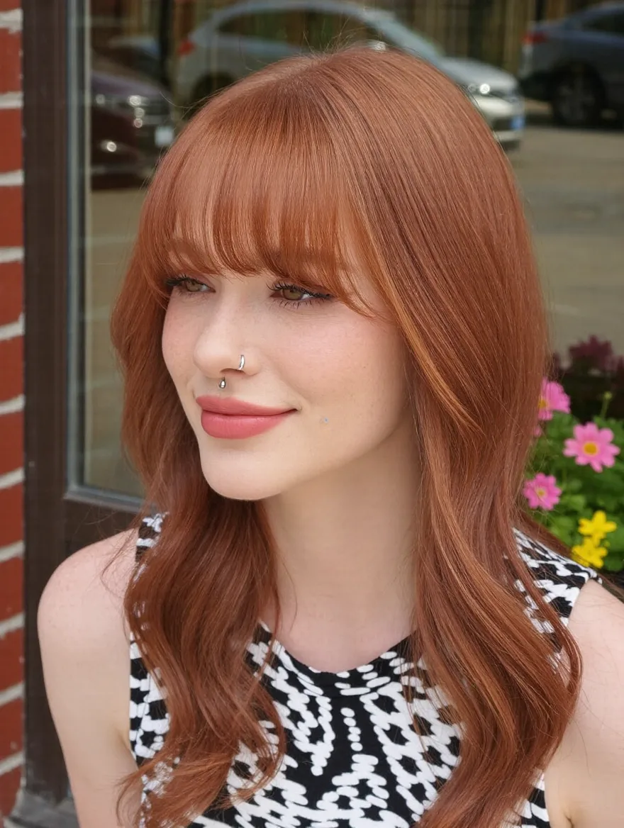 Warm Auburn Long Layers with Bold Blunt Bangs